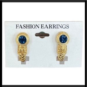 Gold Semi-Hoop Gemstone Earrings Blue Stone Luxury Classic Gold Hoop Earrings